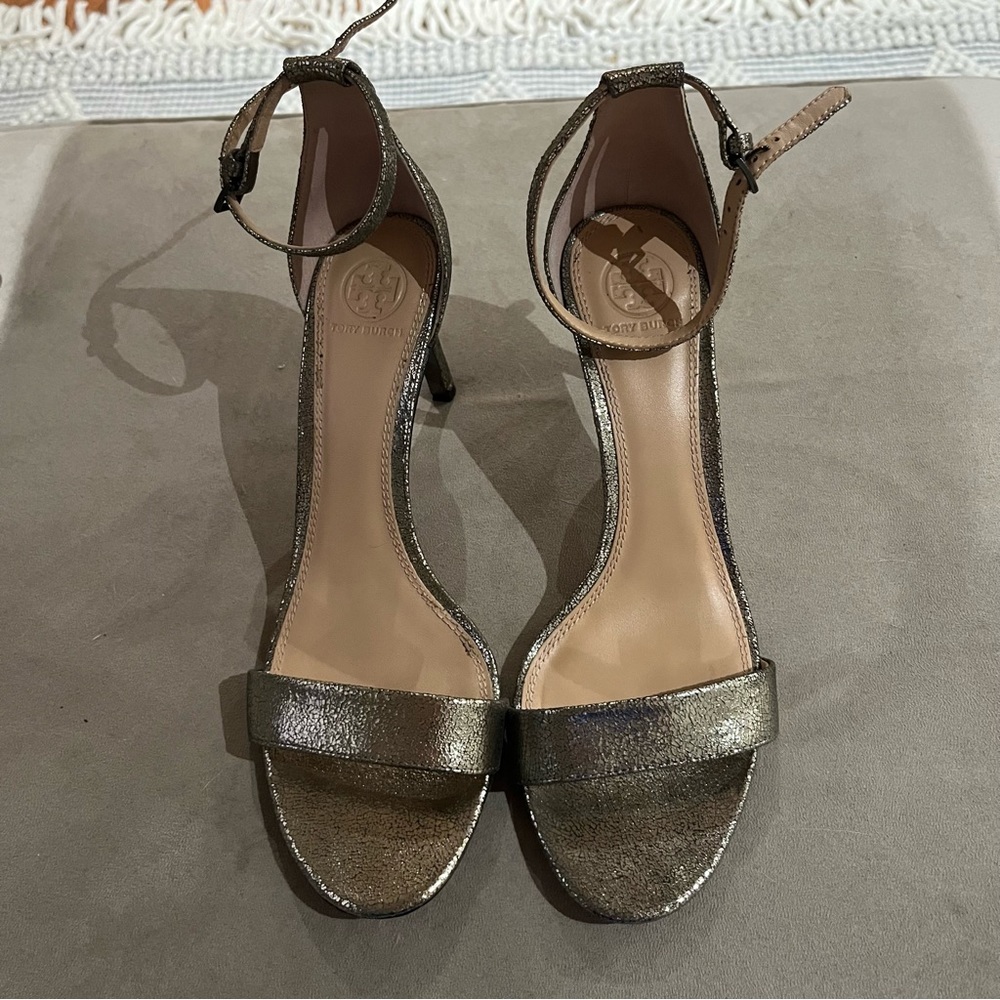 Tory Burch Ankle Strap Stiletto Heels Metallic Size 7.5
